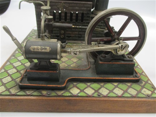 A Bing miniature tinplate Steam stationary engine on a tiled wooden base, with instructions (lacking - Image 5 of 8