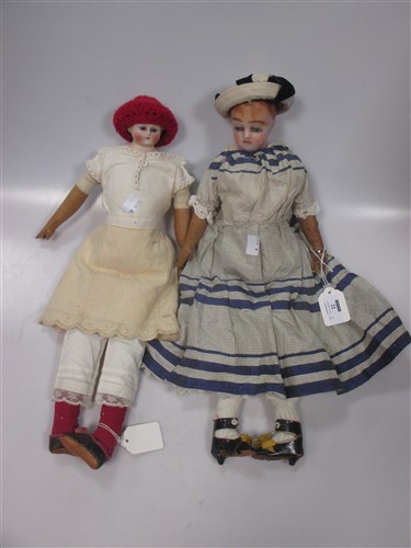 A wax head doll, a bisque shoulder headed doll and other parts