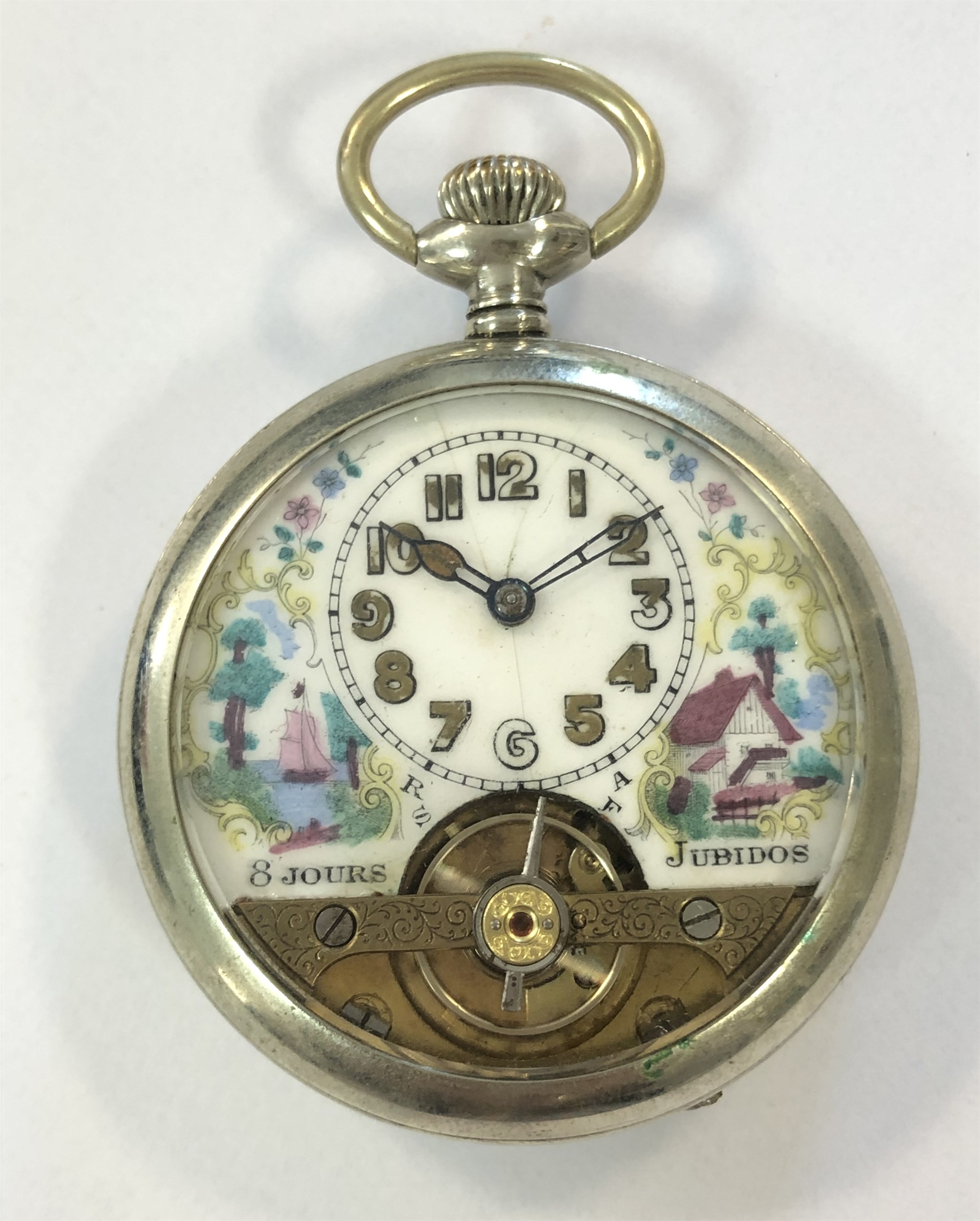 Unsigned - An early 20th century open faced pocket watch with 8 day movement and painted dial,