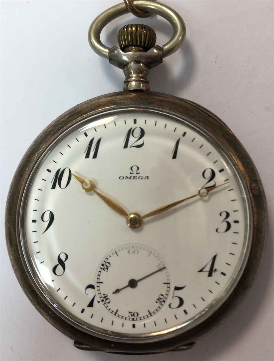 Omega - A Swiss silver open faced pocket watch and chain, - Bild 3 aus 12