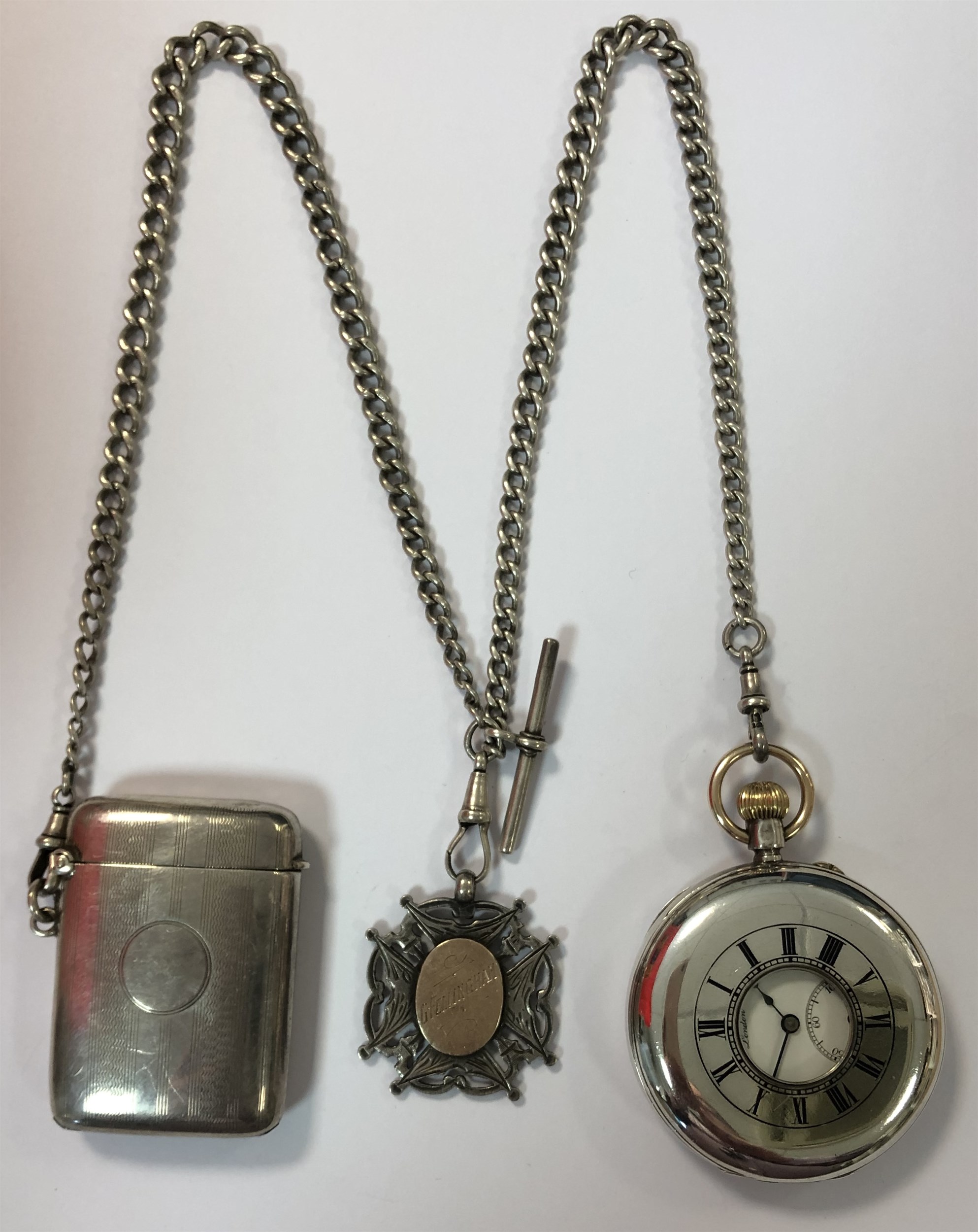 J.W. Benson - A George V silver half hunter pocket watch with attached Albert chain,