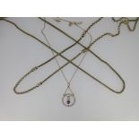 Two fancy link neckchains together with an Edwardian amethyst and seed pearl pendant and chain,