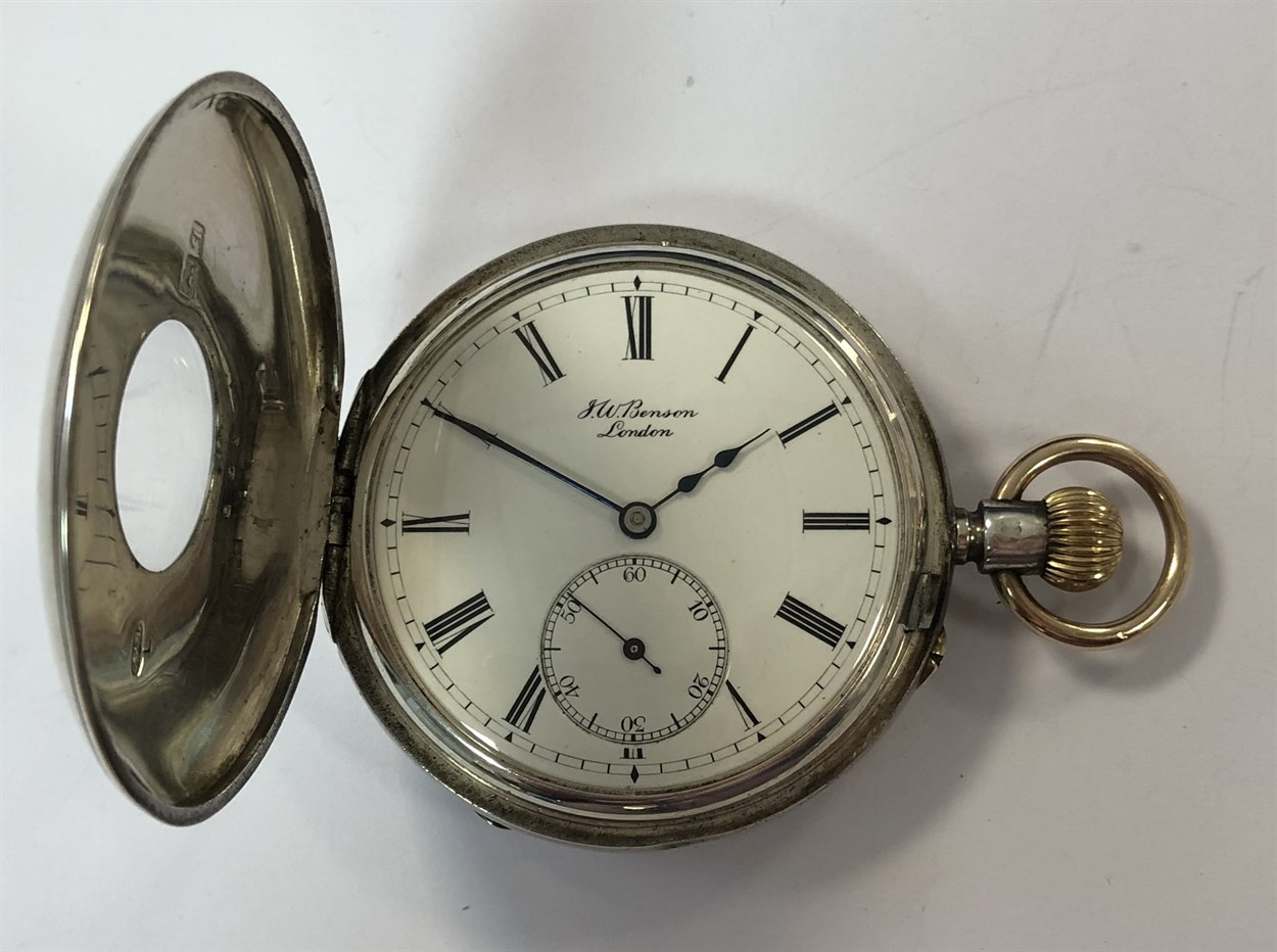 J.W. Benson - A George V silver half hunter pocket watch with attached Albert chain, - Bild 4 aus 22