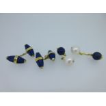 A pair of lapis lazuli and seed pearl cufflinks and a pair of cultured pearl and lapis cufflinks,