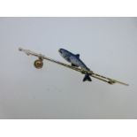 An enamel salmon and fishing rod bar brooch,