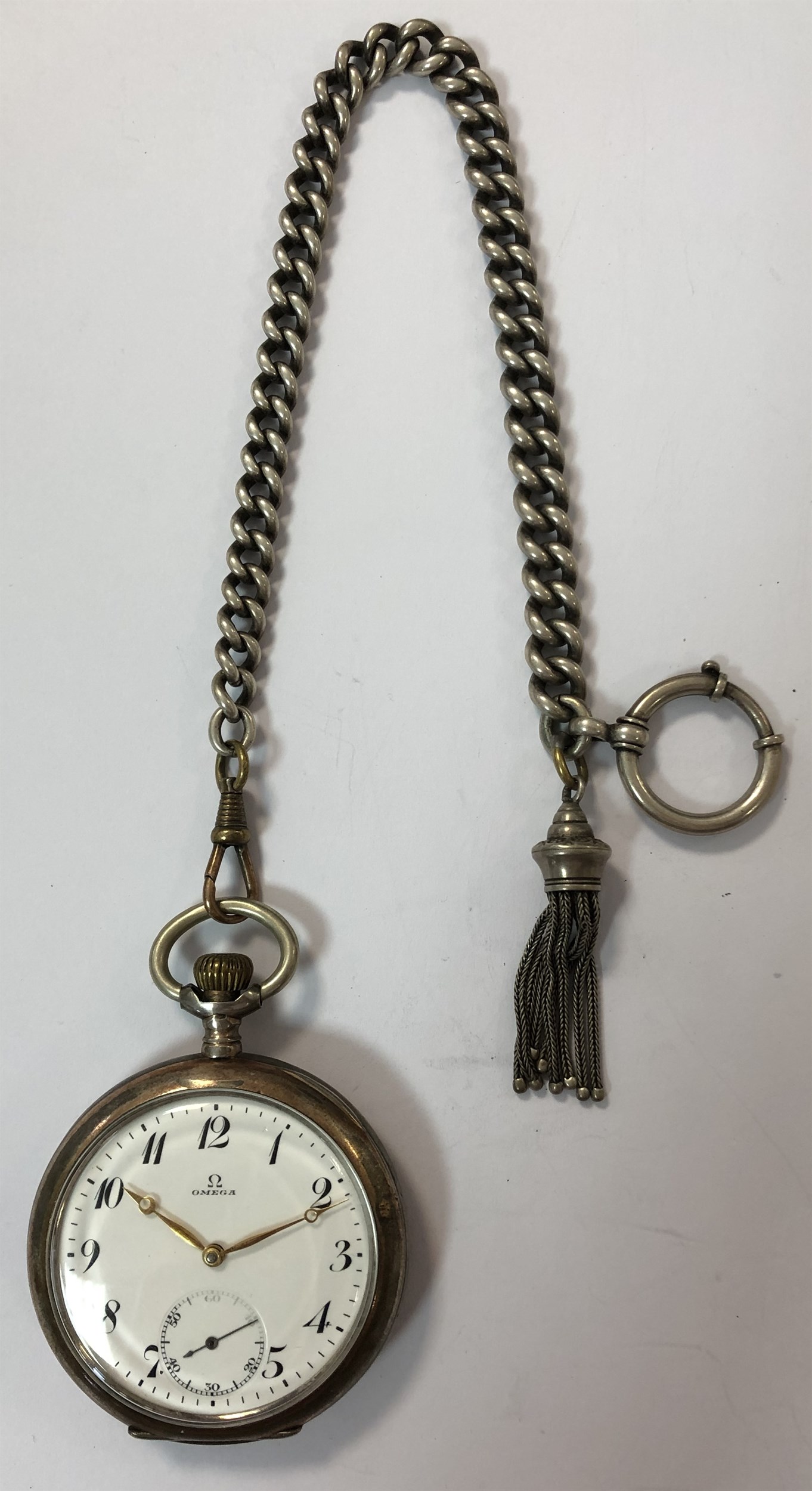 Omega - A Swiss silver open faced pocket watch and chain,