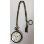 Omega - A Swiss silver open faced pocket watch and chain,