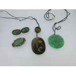 An antique Japanese damascene work pendant together with some items jade jewellery,