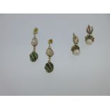 A pair of emerald pebble and freshwater pearl earpendants and a pair of cultured pearl ones,