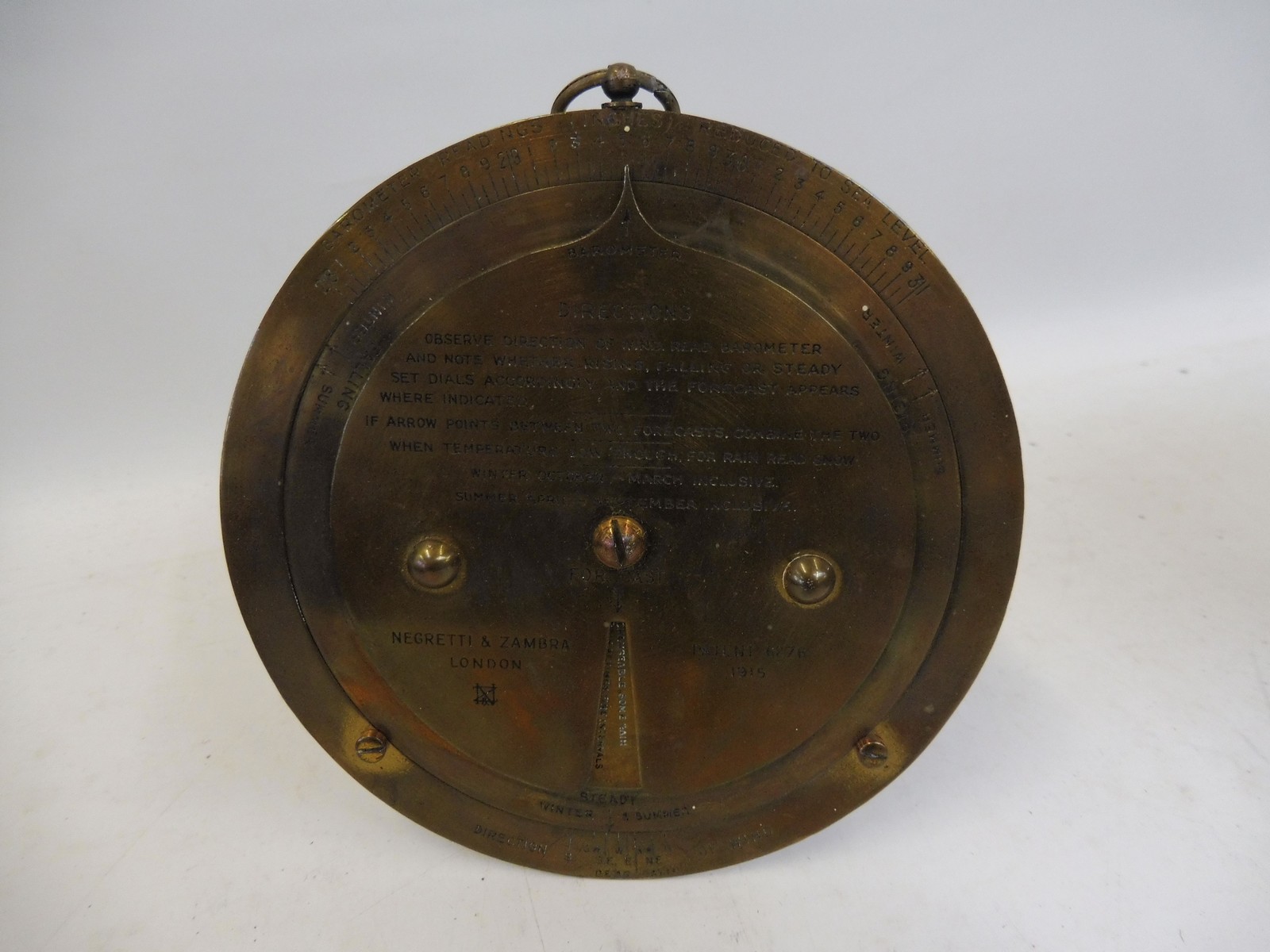 A gilt brass Negretti & Zambra of London aneroid barometer and a brass weather forecasting - Image 3 of 4