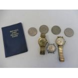 Three gentleman's wristwatches and a small quantity of coins including crowns.