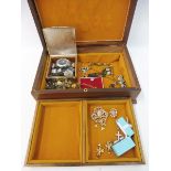 A jewellery box with mixed costume jewellery contents including Kirks Folly.