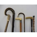 Four silver or white metal mounted walking canes and two others.