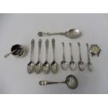 Four white metal apostle spoons, a silver salt plus spoon, various EPNS spoons and an Evertite Super