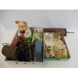 A box of mixed collectables including a Mr Pig ceramic money box by Ellgreave, a B.R. lamp etc, also