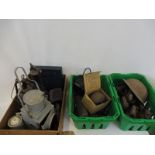 A collection of assorted lamps including railway, also a military helmet etc.