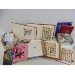Seven various stamp albums containing assorted Continental stamps, also a Penny Red, '175 plate'