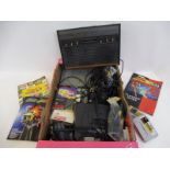 A box of video game consoles including Nintendo.