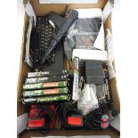 A box of Sinclair ZX Spectrum accessories including a gun and three joysticks, also a selection of
