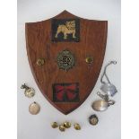 A Royal Army Service Corps cap badge and two buttons mounted on an oak shield.