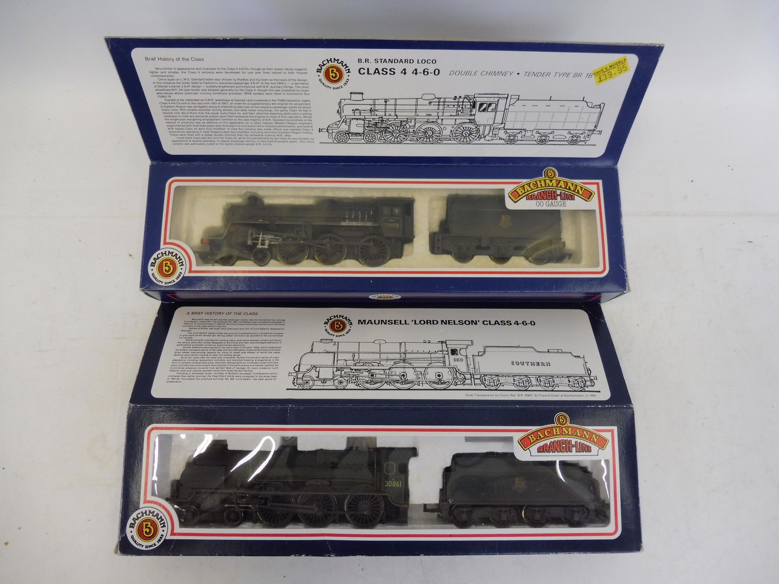 Two boxed Bachmann Branch Line OO gauge locomotives, Lord Anson and BR Standard loco, both with