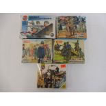 Five boxed Airfix kits including 'Civilians' on spru and German Mountain Troops on spru, the three