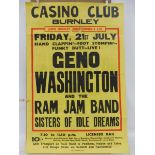 Geno Washington and the Ram Jam Band, 1960s Burnley casino club poster, small tear top left, approx.