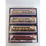 Three boxed Bachmann Branch-Line Composite Crimson/Cream coaches plus a 57' MKI Suburban in