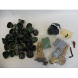A tray of Action Man accessories including military helmets, shovels and hammers etc.