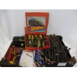 A box and a partial set of playworn Hornby O gauge plus a box of playworn Meccano including