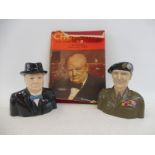 A glazed pottery character jug of Winston Churchill, another of Montgomery plus a single volume -