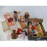 A small box of Cindy type dolls, clothing and accessories.