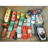 A box of playworn die-cast models including a Foden flat bed lorry.