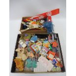 Two boxes of assorted toys and accessories including Nestle's Chocolates toy accessory packets, shop