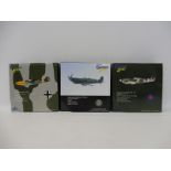 Three Gemini Aces 1/72 scale models: a Supermarine Spitfire, Biggin Hill 2007; a Messerschmitt 109F,