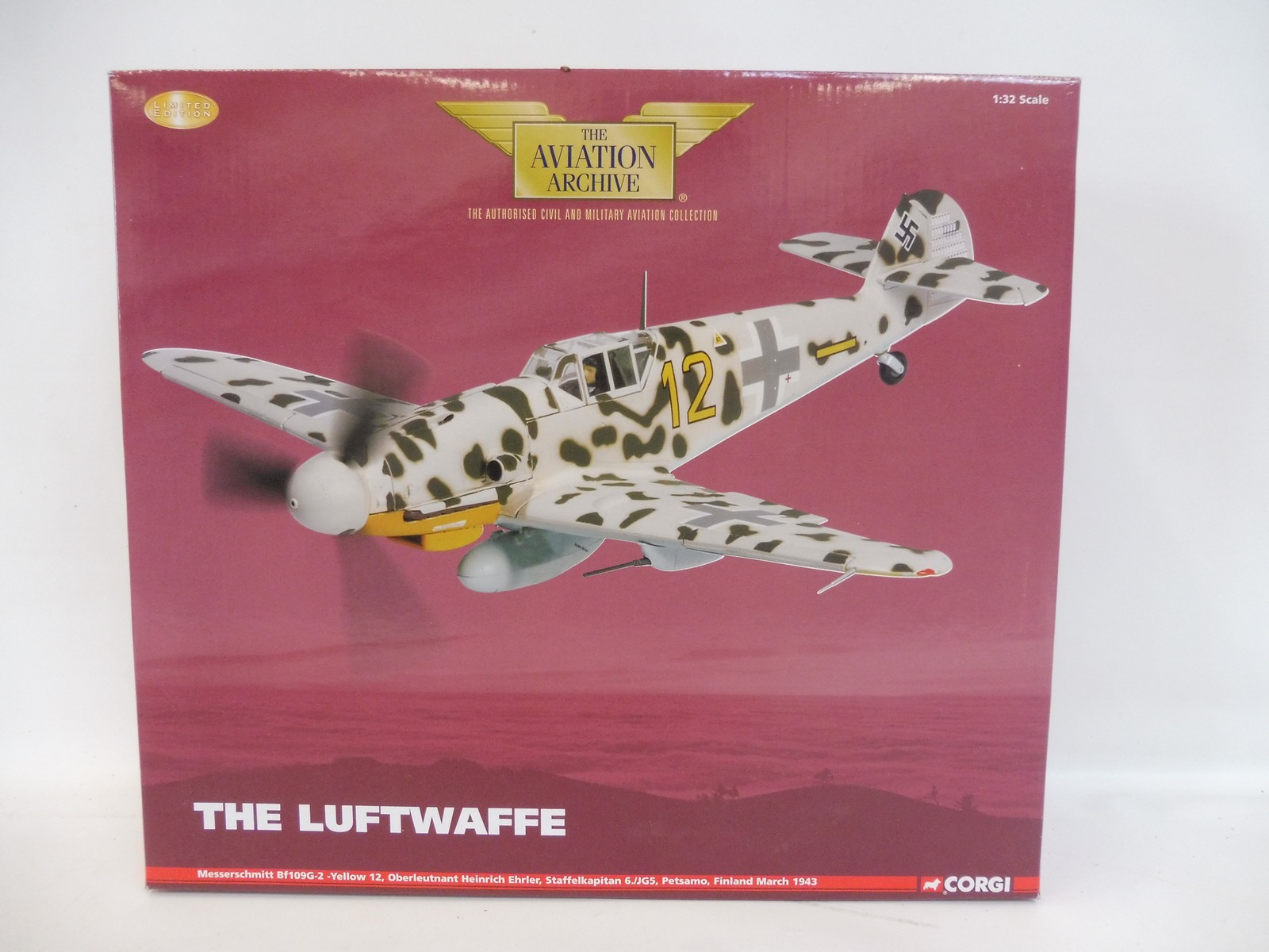 A boxed Corgi Aviation Archive 1/32 scale 'The Luftwaffe' Messerschmitt BF109G-2, yellow 12, appears