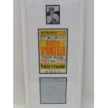 A Dusty Springfield original door flyer with signed letter and photograph, framed.