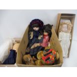 Two large boxes of dolls and soft toys including a window display in the form of a standing doll