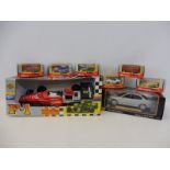 A boxed Rico F1 car plus a Maisto Special Edition Jaguar X-Type (2001) and six Burago 1/43 scale