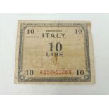 A WWII Allied bank note, an Italian 10 Lire the verso bearing the signatures for Flanagan & Allen of