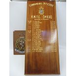 A Gibralter Commanding Officers' RAF board detailing names and dates, 20 1/2 x 48 3/4", plus a small