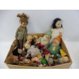 A box of interesting soft toys, mostly early including Snow White and four dwarfs.