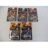 Five Johnny Lightning 'Kiss' carded die-cast cars including Gene Simmons.