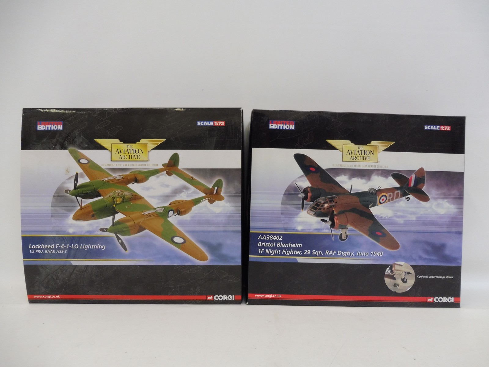 A boxed Corgi Aviation Archive 'Lockheed Lightning', and a Bristol Blenheim IF Night Fighter,