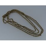 An unmarked yellow metal Guard Chain, 53in (134.5cm), approx weight 30.3g.
