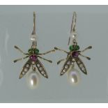 A pair of attractive drop Earrings, in the form of a fly, with seed pearl set wings, pale ruby body,