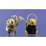 A Saturno contemporary silver and enamel Panda with Bamboo, hallmarked London, 2009, 3.8cm high,