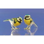A pair of Saturno contemporary silver and enamel Blue Tits, hallmarked London, 2010, 4.8cm beak to