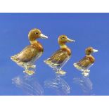 A graduated set of three Saturno contemporary silver and enamel brown Ducks, hallmarked London,