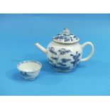 An oriental porcelain blue and white teapot, of globular form with gilt-line decoration, the cover